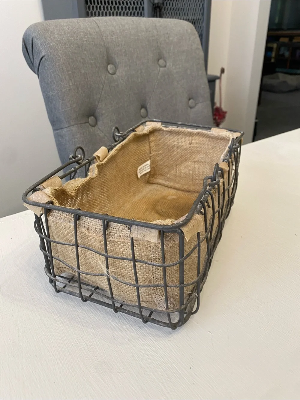 Rustic Wire Basket with Burlap Liner - Boho Chic Farmhouse Rustic Cottagecore